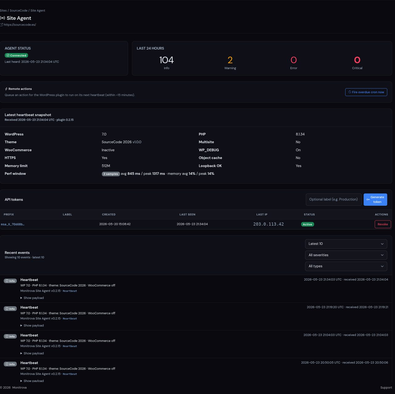 Screenshot of the Monitrova Site Agent panel for sourcecode.es, showing Connected status, 104 info events and 2 warnings in the last 24 hours, a heartbeat snapshot with WordPress 7.0 and PHP 8.1.34, the active API token, and the recent heartbeat event feed